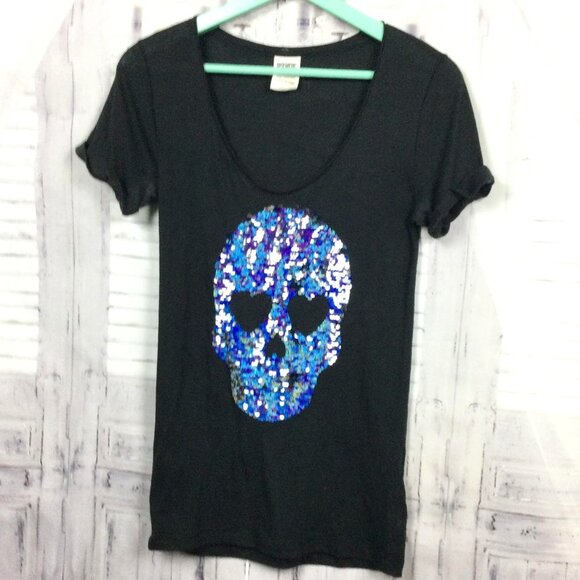 PINK Victoria's Secret Tops - Victoria’s Secret PINK Sequined Skull T-Shirt Black Mermaid Sequins S